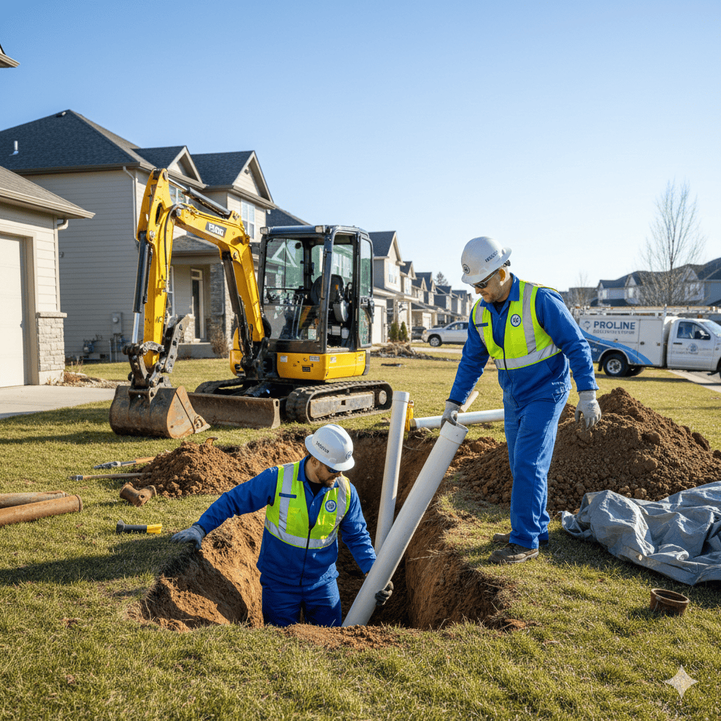 Complete sewer line replacement being performed using trenchless pipe bursting method at residential property in Commerce City